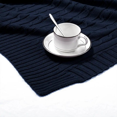 100% Cotton Cable Knitted Throw Blanket – Navy Blue 60x78