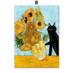 Funny Art Canvas Prints – Matisse, Monet & Van Gogh Inspired with Black Cat & Sunflowers