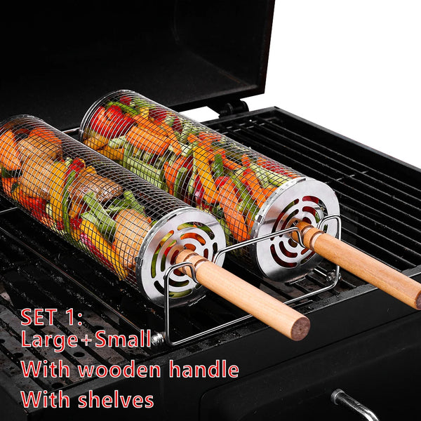 Stainless Steel Rolling BBQ Basket Set – Mesh Grill Cylinder with Wooden Handle