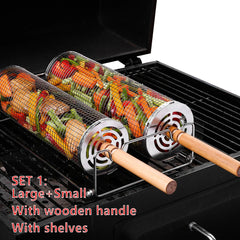 Stainless Steel Rolling BBQ Basket Set – Mesh Grill Cylinder with Wooden Handle