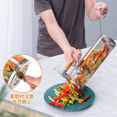 Stainless Steel Rolling BBQ Basket Set – Mesh Grill Cylinder with Wooden Handle