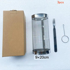 Stainless Steel Rolling BBQ Basket Set – Mesh Grill Cylinder with Wooden Handle