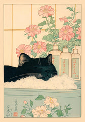 Japanese Tabby Cat Bathtub Poster – Retro Japandi Canvas Wall Art