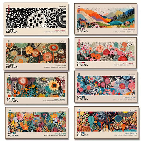 Abstract Yayoi Kusama Flower Art Print – Vintage Japanese Canvas Wall Decor