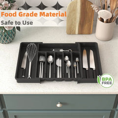 Expandable Silverware Drawer Organizer – Adjustable Black Cutlery Tray for Kitchen