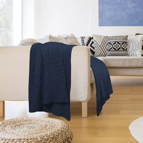 100% Cotton Cable Knitted Throw Blanket – Navy Blue 60x78