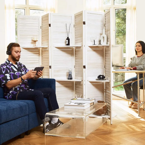 Folding Wood Room Divider with 3 Display Shelves