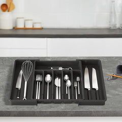 Expandable Silverware Drawer Organizer – Adjustable Black Cutlery Tray for Kitchen