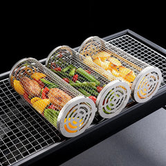 Stainless Steel Rolling BBQ Basket Set – Mesh Grill Cylinder with Wooden Handle