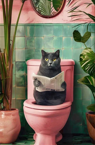 Funny Cat on Toilet Canvas Poster – Bathroom Wall Art Print