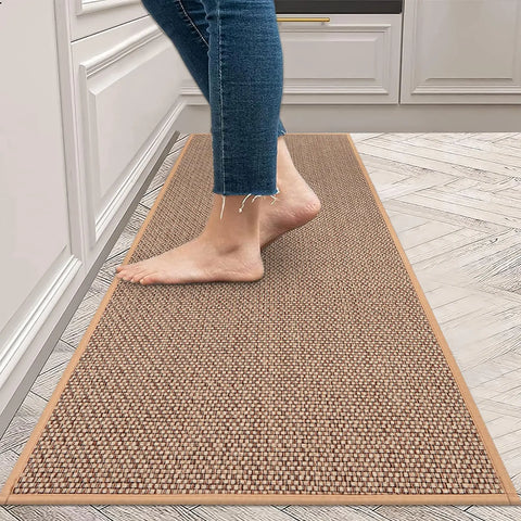 Linen Weave Kitchen Floor Mat – Anti-Slip, Oil-Resistant Twill Rug with Rubber Backing
