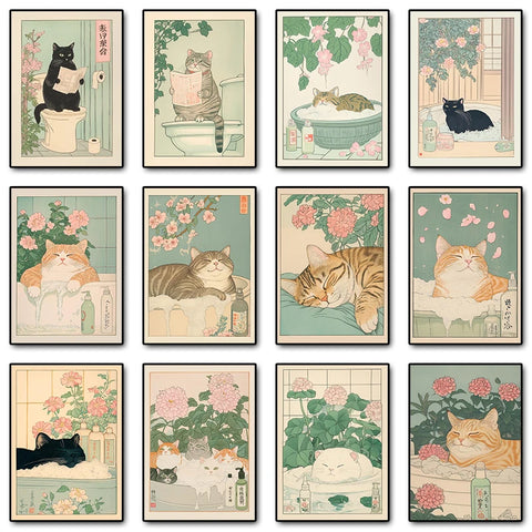 Japanese Tabby Cat Bathtub Poster – Retro Japandi Canvas Wall Art