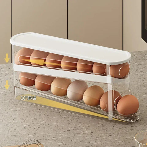 2-Tier Rolling Egg Storage Box – Automatic Dispenser for Refrigerator