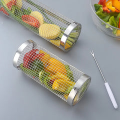 Stainless Steel Rolling BBQ Basket Set – Mesh Grill Cylinder with Wooden Handle
