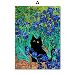 Funny Art Canvas Prints – Matisse, Monet & Van Gogh Inspired with Black Cat & Sunflowers