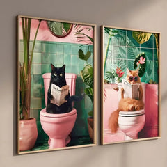 Funny Cat on Toilet Canvas Poster – Bathroom Wall Art Print