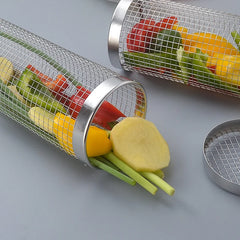 Stainless Steel Rolling BBQ Basket Set – Mesh Grill Cylinder with Wooden Handle