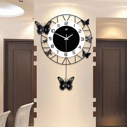 Round Butterfly Wall Clock – Black & White Wrought Iron & Glass