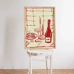 Red Wine & Crab Art Print – Hand-Drawn Modern Food Wall Decor for Kitchen & Home