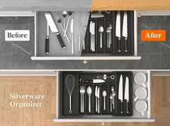 Expandable Silverware Drawer Organizer – Adjustable Black Cutlery Tray for Kitchen