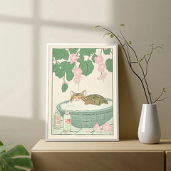Japanese Tabby Cat Bathtub Poster – Retro Japandi Canvas Wall Art