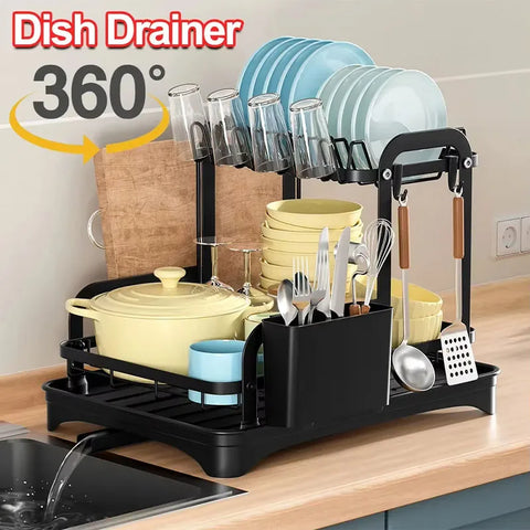 360° Rotating Kitchen Drying Rack – Double-Layer Tableware Organizer with Drain