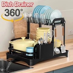360° Rotating Kitchen Drying Rack – Double-Layer Tableware Organizer with Drain