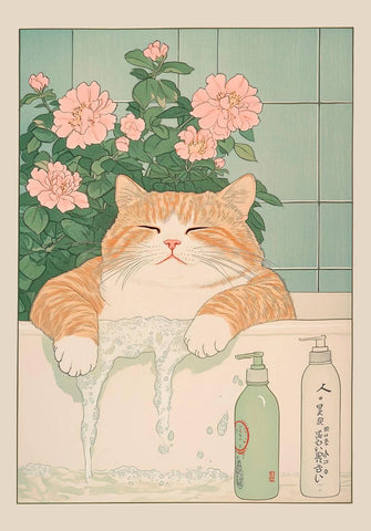 Japanese Tabby Cat Bathtub Poster – Retro Japandi Canvas Wall Art