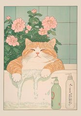 Japanese Tabby Cat Bathtub Poster – Retro Japandi Canvas Wall Art