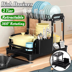 360° Rotating Kitchen Drying Rack – Double-Layer Tableware Organizer with Drain