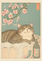 Japanese Tabby Cat Bathtub Poster – Retro Japandi Canvas Wall Art