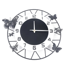 Round Butterfly Wall Clock – Black & White Wrought Iron & Glass