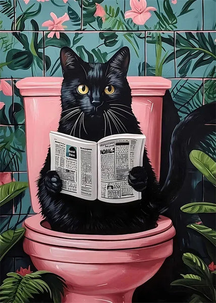 Funny Cat on Toilet Canvas Poster – Bathroom Wall Art Print