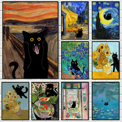 Funny Art Canvas Prints – Matisse, Monet & Van Gogh Inspired with Black Cat & Sunflowers