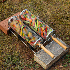 Stainless Steel Rolling BBQ Basket Set – Mesh Grill Cylinder with Wooden Handle