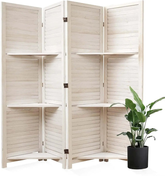 Folding Wood Room Divider with 3 Display Shelves