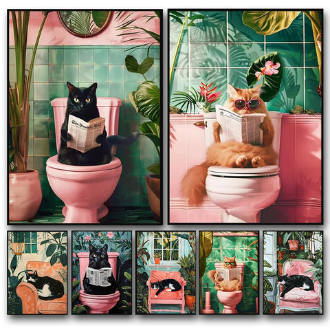 Funny Cat on Toilet Canvas Poster – Bathroom Wall Art Print