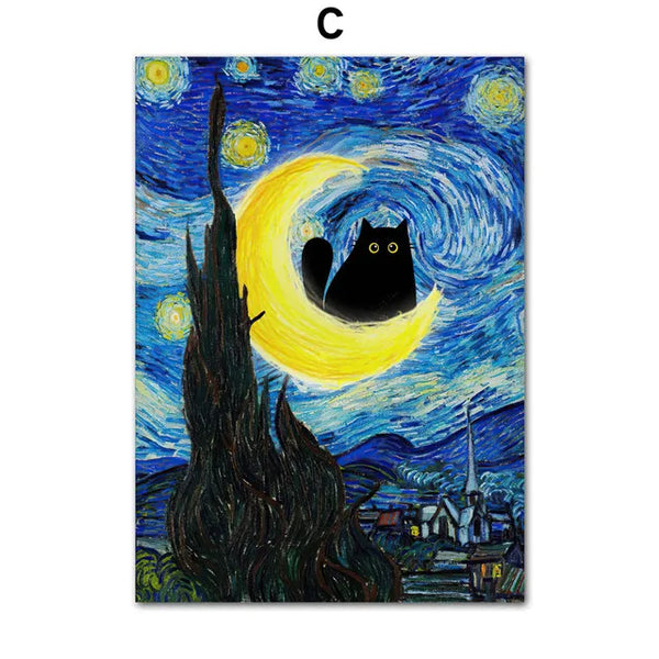 Funny Art Canvas Prints – Matisse, Monet & Van Gogh Inspired with Black Cat & Sunflowers