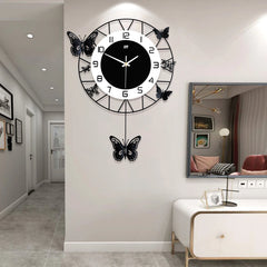 Round Butterfly Wall Clock – Black & White Wrought Iron & Glass