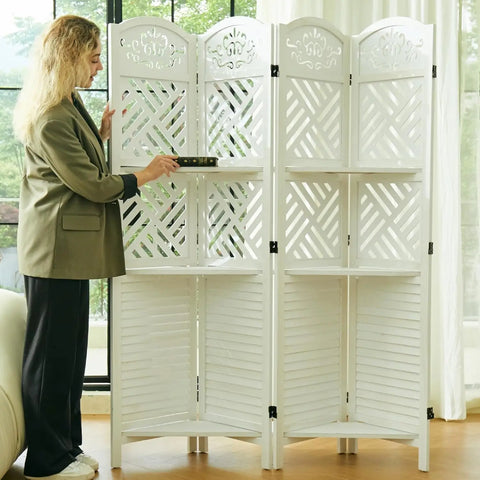 Folding Wood Room Divider with 3 Display Shelves