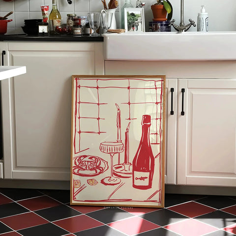 Red Wine & Crab Art Print – Hand-Drawn Modern Food Wall Decor for Kitchen & Home