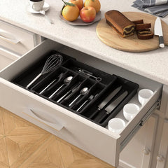 Expandable Silverware Drawer Organizer – Adjustable Black Cutlery Tray for Kitchen
