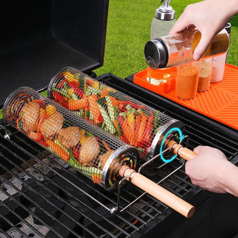 Stainless Steel Rolling BBQ Basket Set – Mesh Grill Cylinder with Wooden Handle