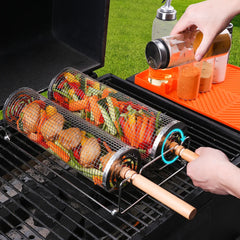 Stainless Steel Rolling BBQ Basket Set – Mesh Grill Cylinder with Wooden Handle