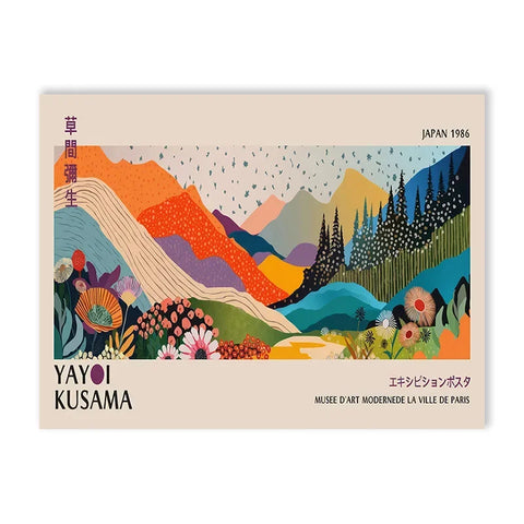 Abstract Yayoi Kusama Flower Art Print – Vintage Japanese Canvas Wall Decor