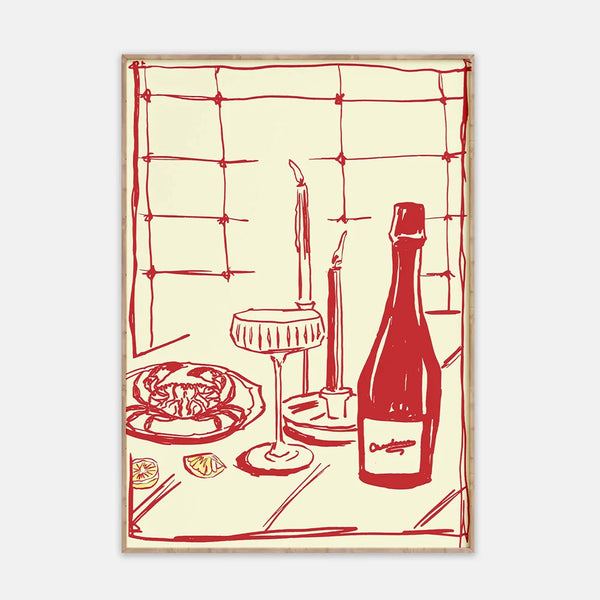 Red Wine & Crab Art Print – Hand-Drawn Modern Food Wall Decor for Kitchen & Home