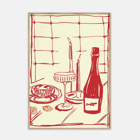 Red Wine & Crab Art Print – Hand-Drawn Modern Food Wall Decor for Kitchen & Home