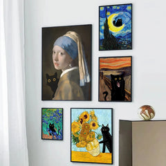 Funny Art Canvas Prints – Matisse, Monet & Van Gogh Inspired with Black Cat & Sunflowers