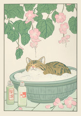 Japanese Tabby Cat Bathtub Poster – Retro Japandi Canvas Wall Art