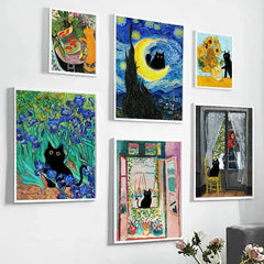 Funny Art Canvas Prints – Matisse, Monet & Van Gogh Inspired with Black Cat & Sunflowers